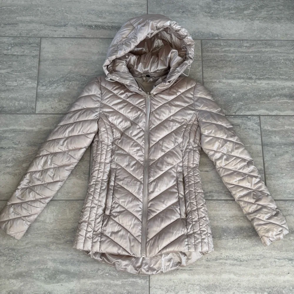 Women's Quilted Hooded Jacket Beige zip removable hood‎ size Small lightweight